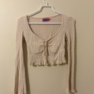 Edikted Beige Lace-Trim Cropped Tie-Front Top